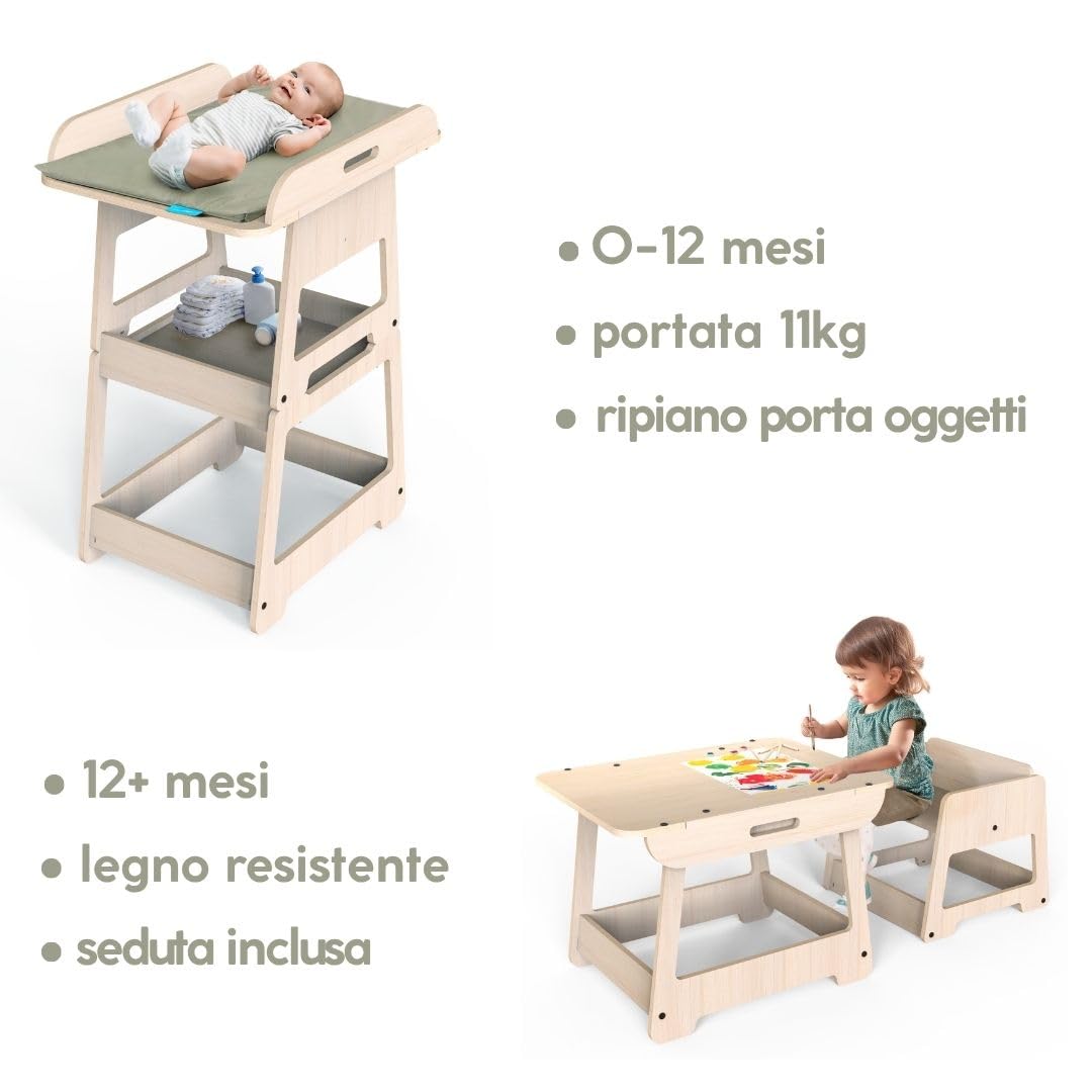 Mamatoyz - 19CFLAT - Fasciatoio neonato, materasso impermeabile incluso, fasciatoio trasformabile in tavolino e sedia per bambino, ripiani per accessori, legno di betulla