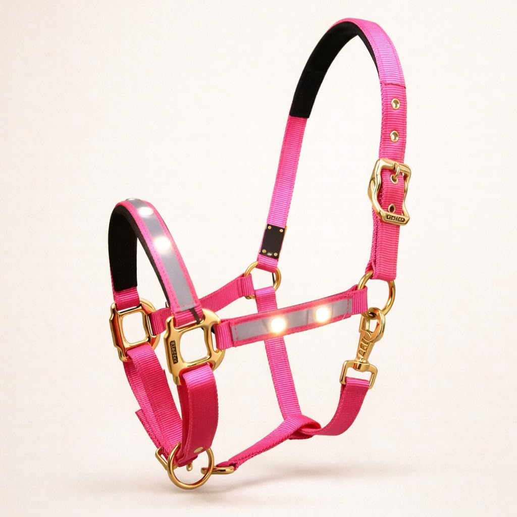 Cavezza luminosa di alta qualità per stalla, cavezza luminosa con LED in nylon (Cob/VB, rosa/oro)