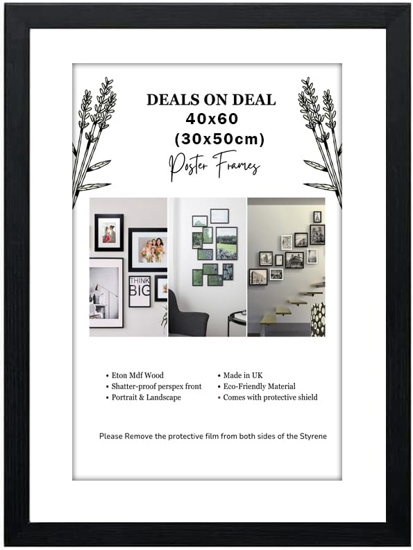DEALS ON DEAL® Poster Frame Black 40x60 cm With Mount 30x50 cm | Prints HD Clear Aclyric Front Picture Frames | Portrait Landscape | White Matting 40 x 60cm Picture Poster Frames
