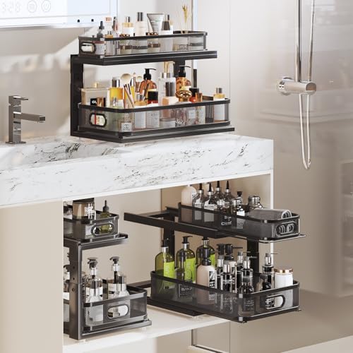 Image of 2 Pack 21IN-Depth Under Sink Organizer With Next-Gen Ball-Bearing Slides,2-Tier Precision Mesh Pull Out Cabinet Storage for Bathroom&Kitchen,Height Adjustable Drawers Shelf,Anti-rust-Black