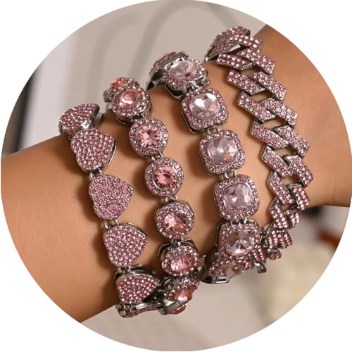 4-PCS Cuban Link Bracelets for Women,Diamond Tennis Bracelet Set,14K Gold Plated Layered Stackable Jewelry, Adjustable Bling Gift Set for Women2