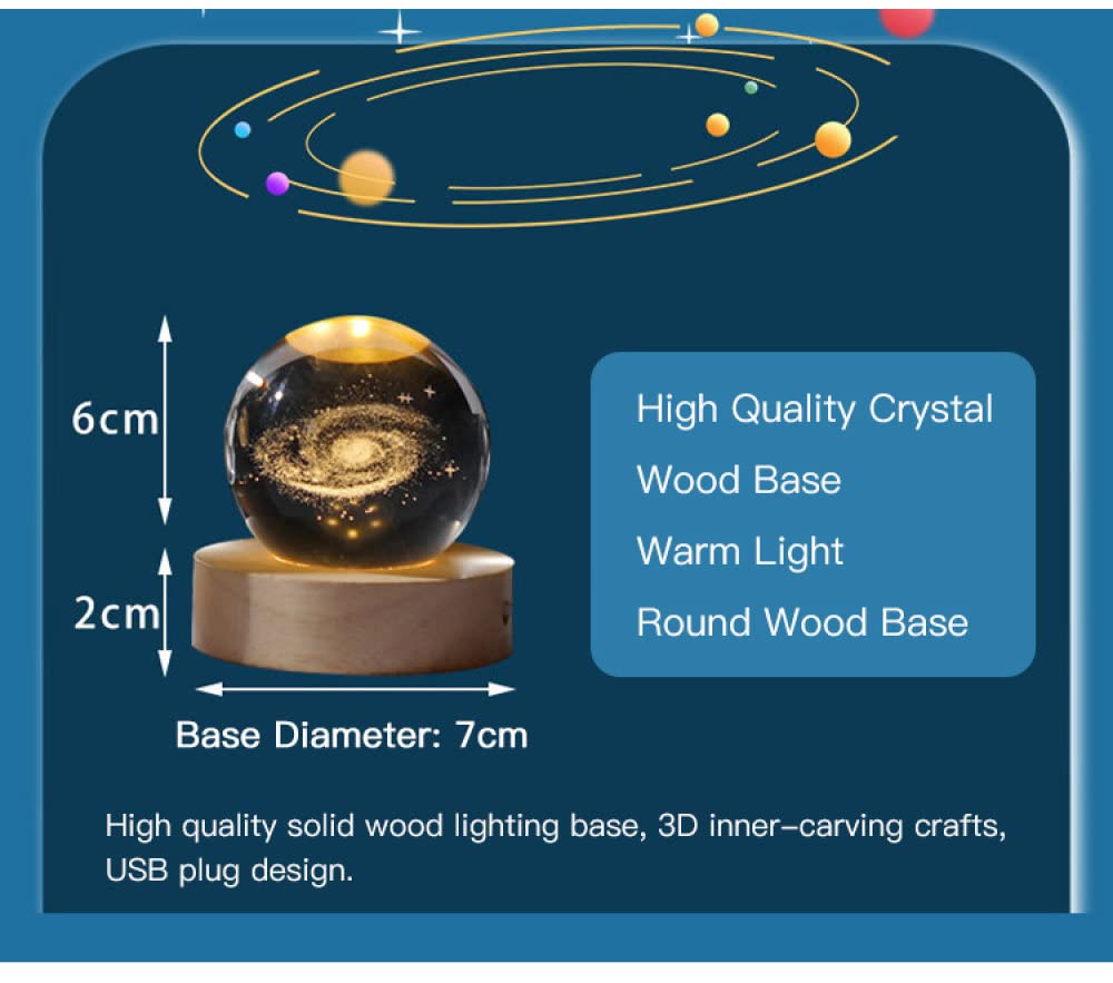 VVW&LIU Bola de Cristal Astronauta de Cristal Planeta Globo Bola del Sistema Solar grabada en 3D con Interruptor táctil Base de luz LED Astronomía, Bola de cristal5,8cm