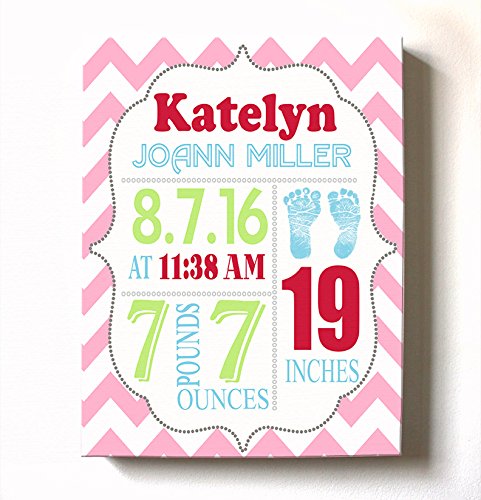 Personalized Stretched Canvas Birth Announcement Gift, Custom Baby Name, Date, Weight Stats, Newborn Footprint Nursery Wall Art Decor, Wooden Frame Construction, Ready to Hang 24X30