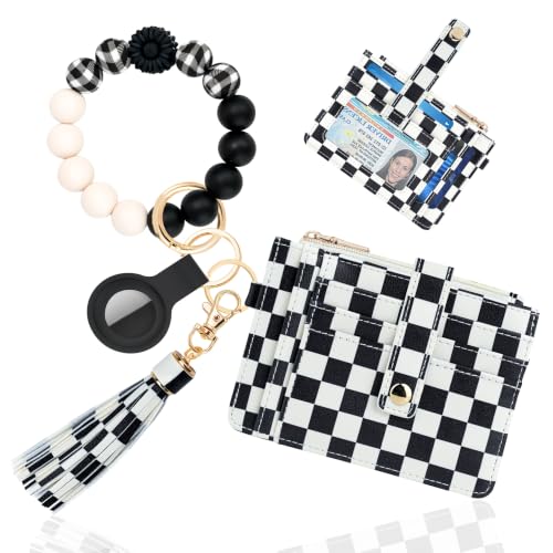 Image of Wristlet Wallet for Women,Keychain Wallet with AirTag Holder (Black Checkered)