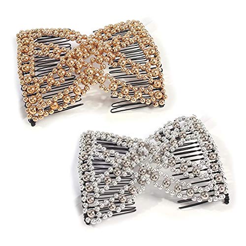 Magic Elastic Decorative Hair Comb for Women, Vintage Elegant Beaded Double Clips Stretch Hair Combs, Braided Hairstyle Quickly for Wedding,Prom, Party, Festivals and Daily Life. (Gold+Sliver)