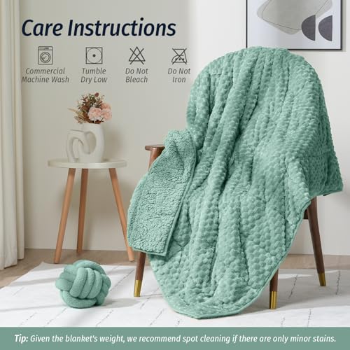 Wemore Fleece Weighted Blanket for Adults (60" x 80" 20lbs, Green), Dual Sided Cozy Soft Sherpa Heavy Blanket, 3D Imitation Turtle Shell Warm Jacquard Flannel Weighted Blankets for Couch and Bed