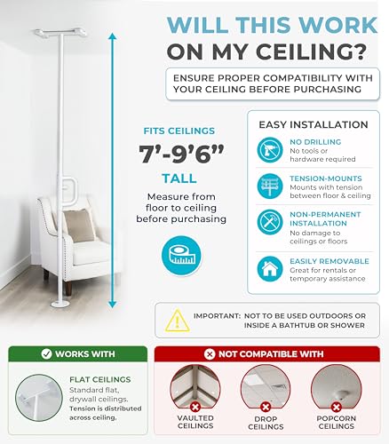 Image of Stander Wonder Pole with Rotating Single Grab Bar, Tension Mounted Floor to Ceiling Transfer Pole for Seniors & Elderly Adults, No-Drill Support Rail with Assist Handle for Home & Bath Safety, White