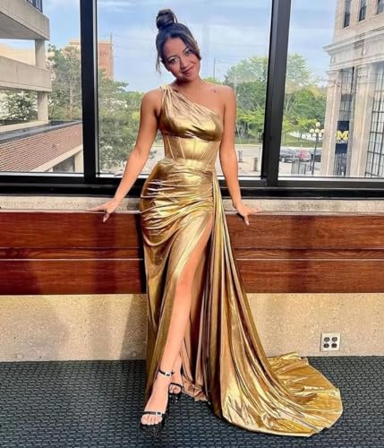 Metallic Satin Mermaid Prom Dresses Sparkly One Shoulder Bridesmaid Dress Corset Formal Evening Party Gowns with Slit3