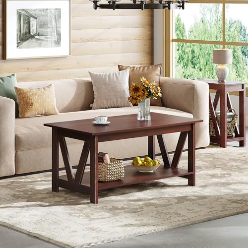 WLIVE Coffee Table with Storage Shelf, 39.4" Farmhouse Coffee Table with V-Frame Support, 2-Tier Wood Rustic Center Table for Living Room, Bedroom & Balcony, Espresso