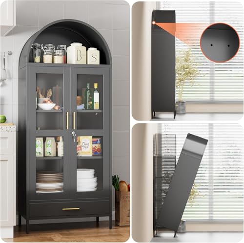 Image of 72.83 inch H Black Metal Arched Cabinet with 1 Drawer,Arched Cabinet with Glass Doors for Home Office Living Room, Assembly Required