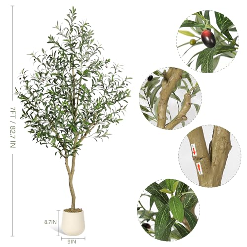GarveeHome Olive Trees Artificial Indoor, 7ft Tall Faux Silk Plant - Fake Potted Tree with White Planter, Artificial Plants with Natural Wood Trunk and Lifelike Fruits for Home Office Decor, 2 Pack