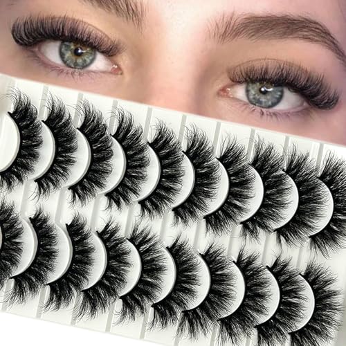 loladook Mink Lashes Wispy 3D Natural False Strip Lashes Fluffy C Curl 18mm Cat Eye Faux Mink Eyelashes Natrural Look