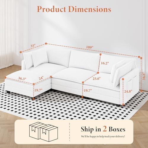 Image of Vesgantti 109 inch L Shaped Cloud Sectional Couch, Comfy Corduroy Upholstered Modular Couches for Living Room, Modern Modular Sectional Sofa with Ottoman Deep Seat, Warm White