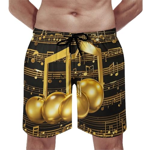 Mens Shorts Gold Musical Note with Fallen Shiny Star Men Swim Trunks Quick-Dry Beach Shorts with Drawstring Pocket Bathing Suit L