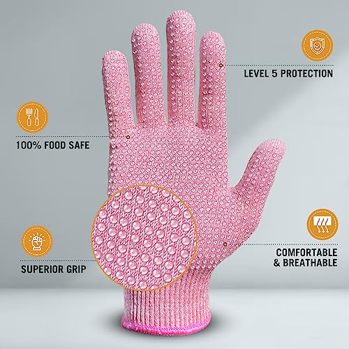 Evridwear 2 Colors 2 Pairs Combo Level 5 Cut Resistant Gloves With Strong Silicone Grip Dots Kitchen Meat Cutting Fish Fillet Shucking And Mandolin Slicing Free E-Book (S, Pink+Gray) #TOP1