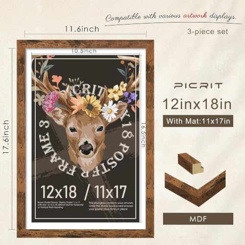 Image of Picrit 12x18 Rustic Brown Poster Frame, Picture Frame for Wall, 3 Pack
