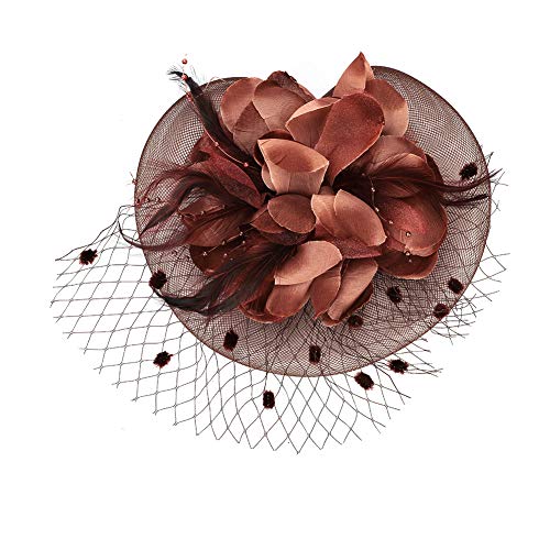 Women Feather Fascinators Flower Hat Elegant Mesh Headpiece Headband For Tea Party Wedding Cocktail Church Bride Hairpin, Coffee #TOP2
