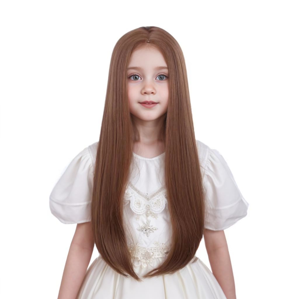 Brown Wig for Kids Long Girls Brown Wig Middle Part Straight Wig for Child Natural Synthetic Wig With Wig Cap