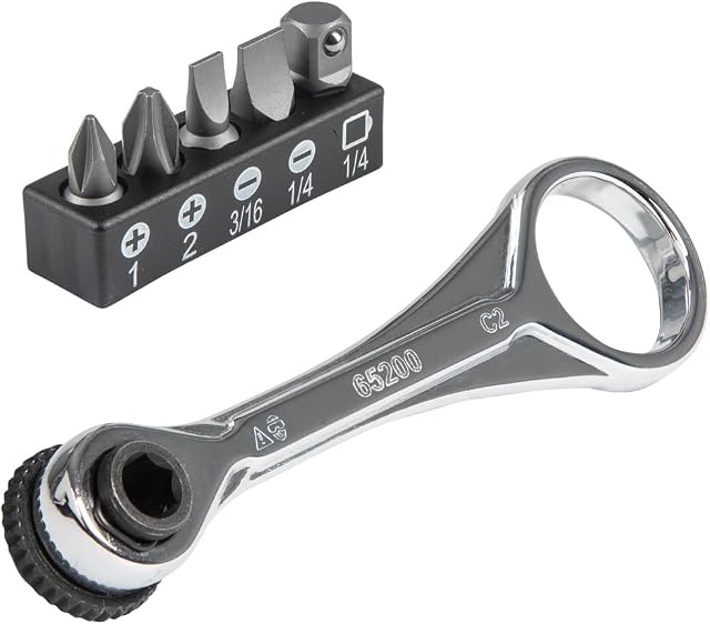 Klein Tools Ensemble de Clés à Cliquet 65200, Ensemble Mini de 5 Pièces avec Phillips, Fente et Adaptateur pour Autres Tailles de Douille, pour Espaces Étroits