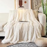 Kuscheldecke Flauschig 200x220 cm, Super Weiche Warme Langhaare Decke Flauschig, Wolldecke Kunstfell, PV und Flanell Wendedecke als Sofadecke, Fleecedecke, Tagesdecke, Couchdecke, Cremeweiß