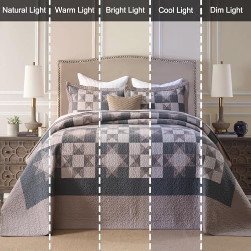 Image of EWlinens 100% Cotton 120 inchx120 inch Oversized King Bedspread - Rustic Cabin Star Patchwork Plaid Extra Large Quilts Bedding Set, Farmhouse Oversized King Quilt Bed Spread, 3 Pieces, Brown /Charcoal Gray