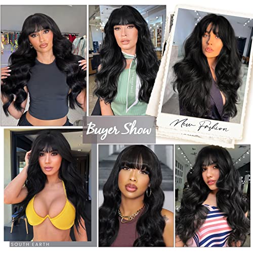 Southearth Black Wig With Bangs, Long Wavy Wigs For Women Synthetic Curly Wigs With Bangs Hair Replacement Wigs For Daily Party Use #TOP3