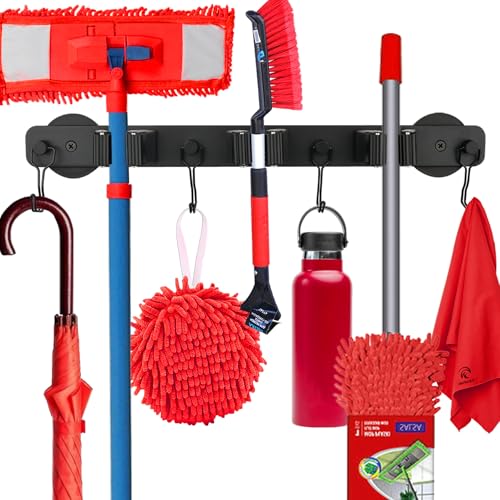 UNUSFIRE Magnetic Mop Broom Holder,Heavy Duty Movable Magnetic Wall Mount Tool Racks,No Drilling Utility Storage Shovel Hanger for Garage,Closet,Garden,Kitchen,Laundry (4 Hooks 3 Grippers,Black)