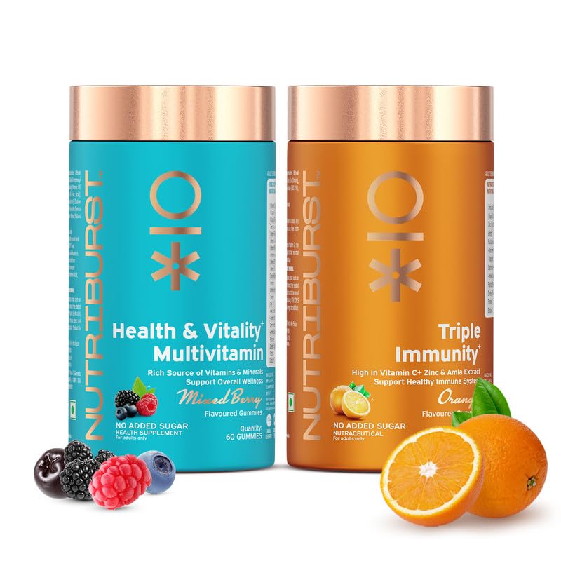 Nutriburst Daily Immunity Boost Combo: Health & Vitality Multivitamin Gummies + Triple Immunity Gummies with Vitamins, Zinc & Amla Extract | Daily Wellness & Energy | No Added Sugar (Pack of 2X60)