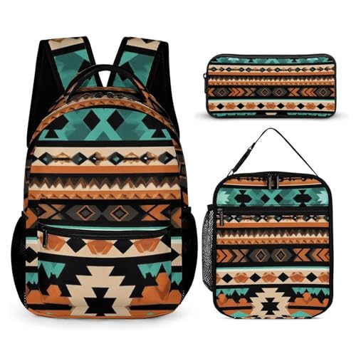 Backpack Lightweight Geometric Ethnic Tribal Navajo Aztec (2) Bookbag with Lunch Box Storage Bags Backpack Set Daypack with Lunch Bag and Cosmetic Bag