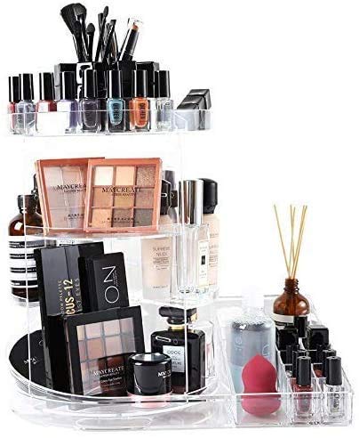 SUNFICON Rotating Makeup Organizer Detachable Makeup Storage Tray Large Cosmetic Holder 360 Spin Makeup Carousel Display Case Caddy Vanity Bathroom Countertop Birthday Christmas Gift Acrylic Clear