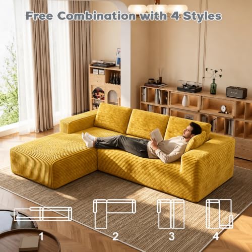 Image of 93 inch L-Shaped Modular Sectional Sofa with Chaise, Boneless Corduroy Cloud Couch with Deep Seat and Oversized Comfort, Flexible Module Combination for Living Room, No Assembly Required