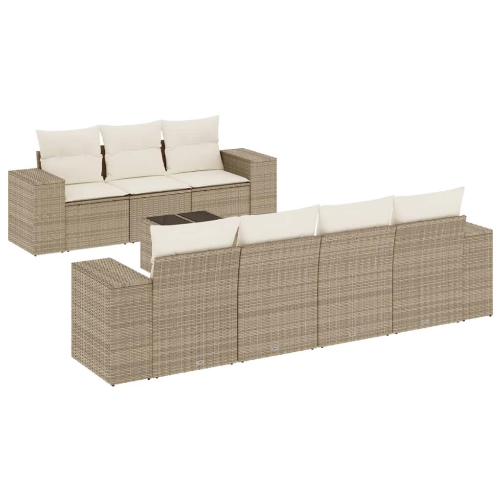 Set Divano da Giardino 8 Pezzi in Polyrattan con Tavolo Beige | Salotto componibile modulare per giardino e terrazza con piano del tavolino in vetro temperato e cuscini sfoderabili.