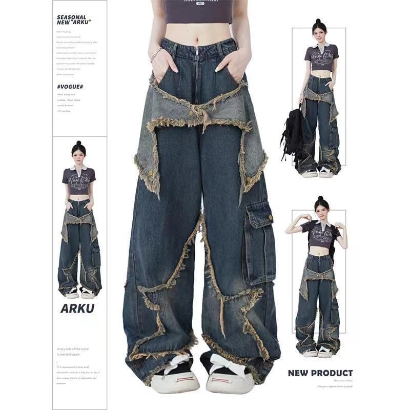Y2k Vintage Star Aestethic Denim Jeans Punk Straight Trouser Wide Leg Oversized Loose Casual Hiphop Grunge Streetwear2
