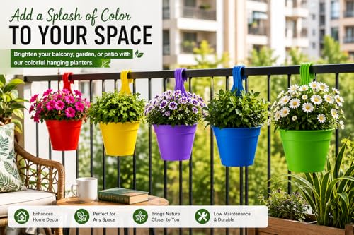 Image of 7.5 Inch Plastic Hanging Planters, Set of 5 Multicolor Flower Pots with Hooks for Indoor Outdoor Plants, Balcony, Home and Garden Decor