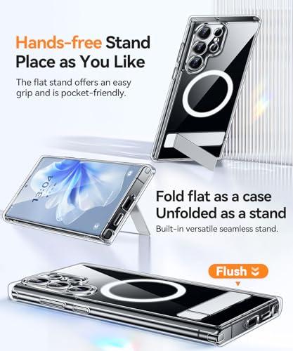 Image of CANSHN Strong Magnetic & Seamless Stand Designed for Samsung Galaxy S22 Ultra Case Clear [Full Camera Protection] [Adjustable Kickstand] [Compatible with MagSafe] Protective Phone Cover - Clear