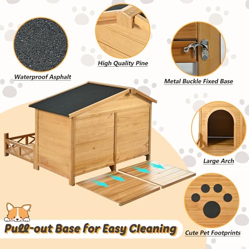 48" Wooden Dog House,Dog Kennel with Wide Porch,Water-Resistant Asphalt Roof and Fence,Indoor & Outdoor Dog Crate W/Paw Print Design,Easy Assembly & Cleaning,for Medium Dogs,Natural - Image 3