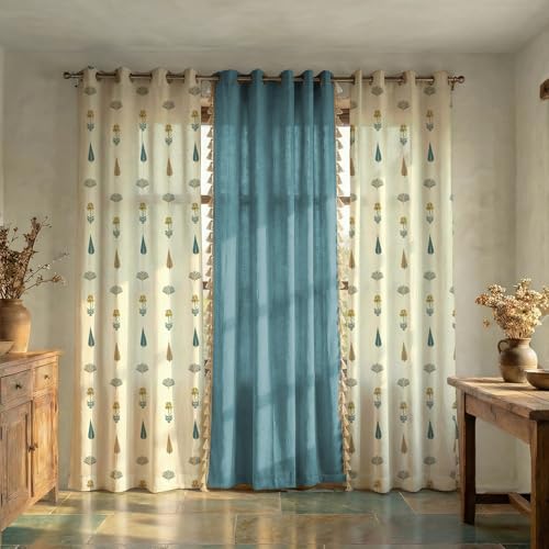 Image of Urban Space Printed 100% Cotton Curtains for Window, Combo Set of 3 Curtains 5 Feet, Tieback & Eyelets Included with Curtains for Home Decor (Orchard Dark Teal & Aura Dusty Blue, 5 Feet)