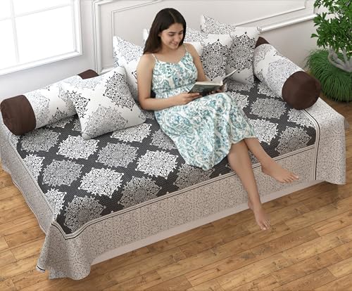 Image of FRESH FROM LOOM Cotton Reversible Diwan Set Coffee - 1 Single Bedsheet with 2 Bolster Covers and 5 Cushion Covers (8pc Set)