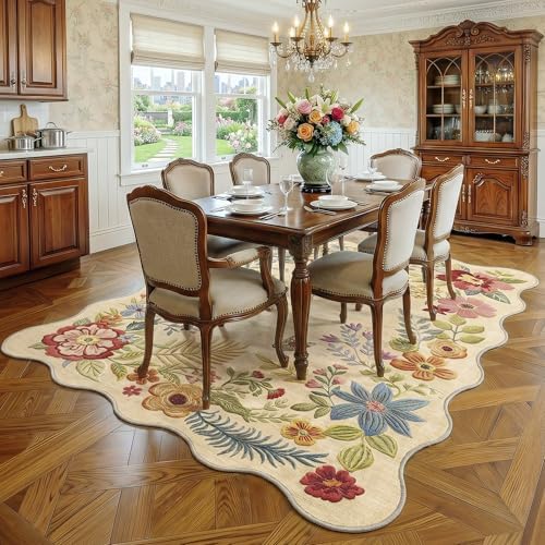 FMFUNCTEX 5x8 Washable Beige Floral Boho Scalloped Area Rug for Living Room — view 3