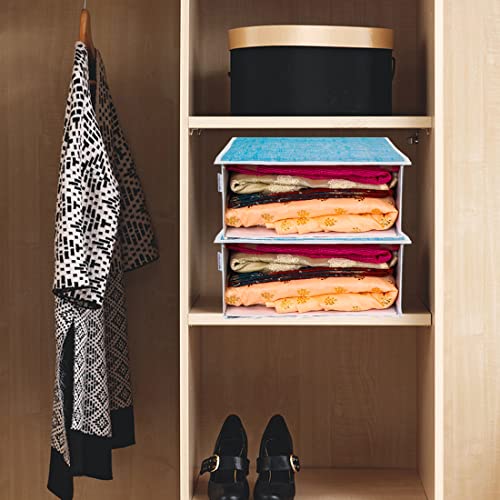 Image of PRETTY KRAFTS Stackable Fabric Saree Storage Organizer for wardrobe, Clear front window with Lid, Stackable organizers, Perfect to organize sarees in a wardrobe, Set of 2, Jute Blue Grey