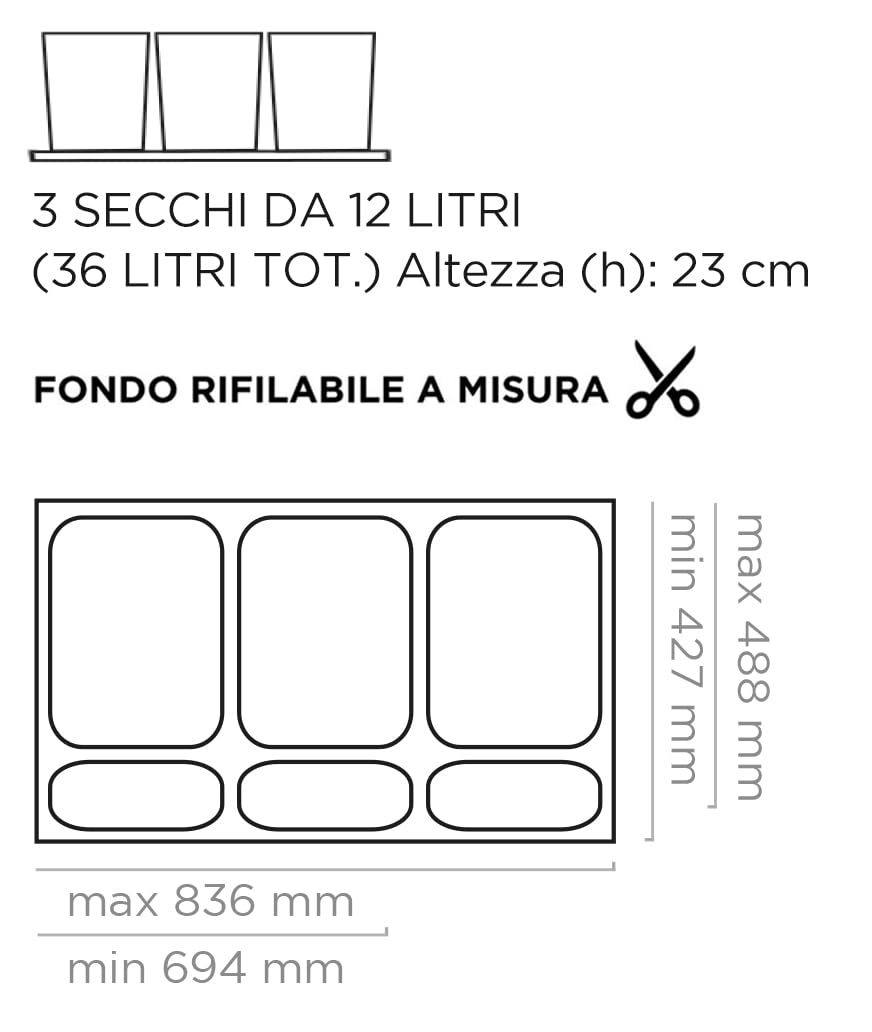 Generico Pattumiera per base cassetto 90 cm cucina - 3 secchi H. 23 - Capacità: 36 Litri totali (3 secchi da 12 Litri) raccolta differenziata cassettone