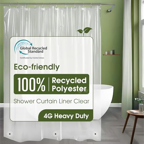Bowery Home NOT Made in China Eco-Friendly Recycled Polyester Shower Curtain Liner – Waterproof, Sustainable, Non-Toxic Shower Curtain Liner, with Rust-Proof Grommets, 72x72IN, 8G – Clear