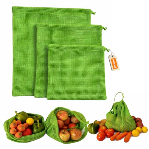 Image of Solitude Set of 3 Cotton Vegetable Fridge Bag | Eco-friendly Natural Vegetables Bags for Fridge Storage | Multi-purpose 100% Cotton Mesh (Neem Green)