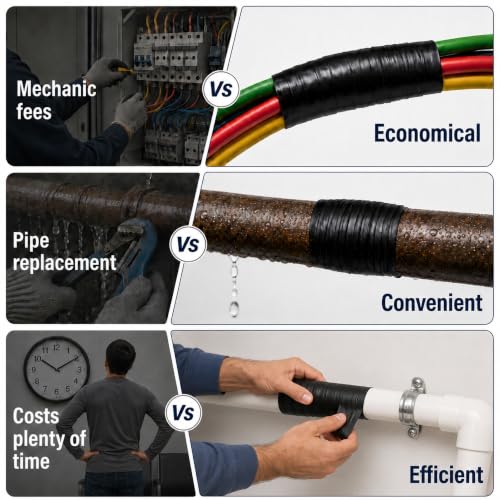 Image of Self Fusing Silicone Tape (40 Ft Total) Plumbing Tape for Repaire Pipe | Flex Seal Tape, Black Rubber Tape Weatherproof for Electrical Cables /Drain Pipe, Heat Resistant 500F