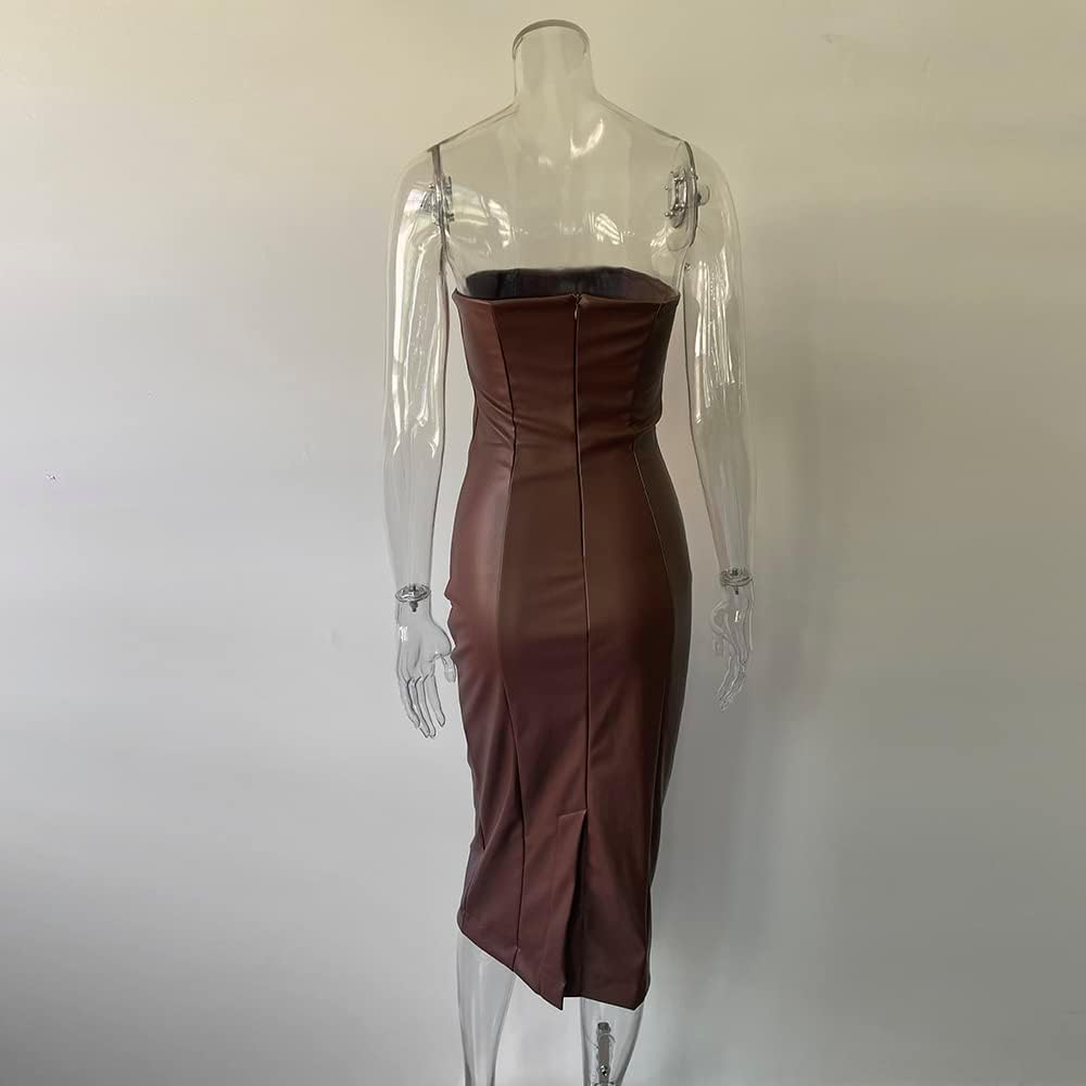 XLLAIS Women Sexy Strapless Tube Top Club Midi Dress Off Shoulder Bodycon Party Faux Leather Dress - Image 3