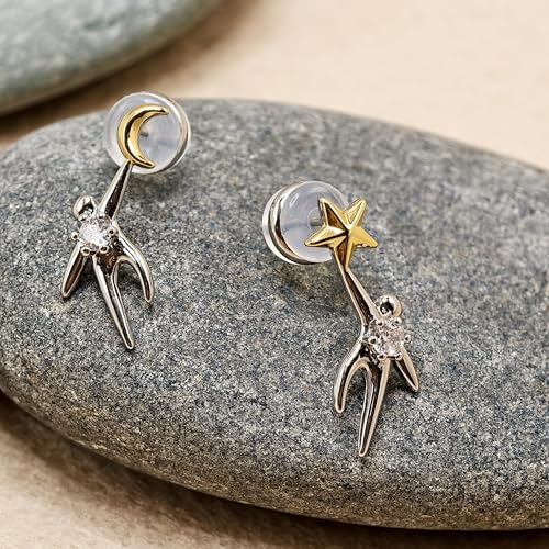 "Inner Light" Star and Moon Asymmetrical Stud Earrings – Gold and Silver celestial earrings with Zirconia, 925 Sterling Silver Posts, unique two-tone dainty jewelry, inspirational gifts, friend gifts for Graduations，18th birthdays or everyday wear4