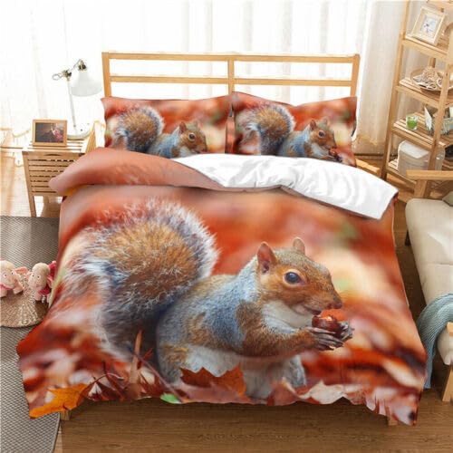Housse de Couette 240 x 260 Écureuil Roux Sans Pli en Microfibres Anti-Plis pour Grand Lit