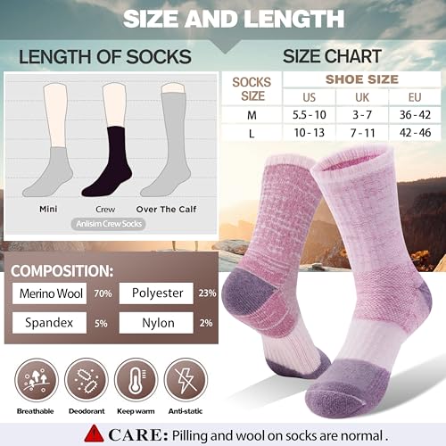 Image of Anlisim Merino Wool Hiking Running Socks for Women, Boot Work Crew Socks