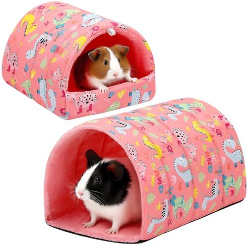 PETKNOWS 2 Pack Guinea Pig Hideout, Guinea Pig Bed with Guinea Pig Tunnel Washable Small Animal House Cage Accessories for Mouse Chinchillas Hamsters Hedgehogs Ferrets Bearded Dragons and Rats (Pink)