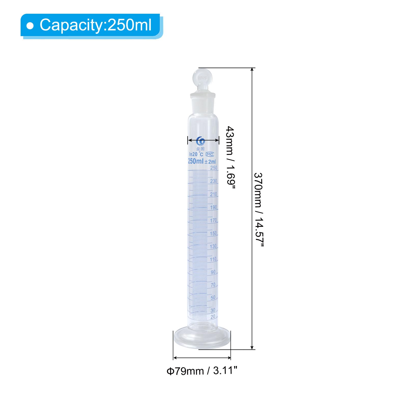 PATIKIL Cilindro graduato in vetro borosilicato 3.3 da 250 ml con tappo, ad alta trasparenza, base esagonale blu, cilindro graduato graduato per uso domestico in laboratorio, trasparente